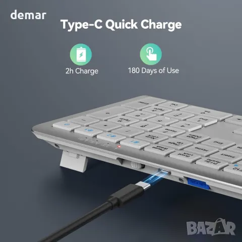 Безжична клавиатура TECKNET, акумулаторна 2,4 GHz USB Bluetooth за 4 устройства (бяло сребристо), снимка 2 - Клавиатури и мишки - 48862003