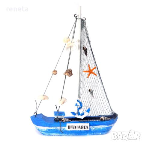 Лодка, Дървена, Бял/син, 27х20 см, снимка 1 - Морски сувенири - 46321014