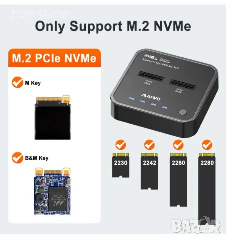 Докинг станция MAIWO M.2 NVMe Duplicator Cloner, Dual Bay PCIe NVMe M.2 SSD към USB C 10Gbps 8TB, снимка 2 - Твърди дискове - 48934798