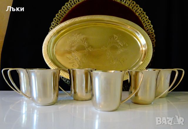Английски сервиз чаши с поднос,никелово сребро. , снимка 4 - Антикварни и старинни предмети - 45912865