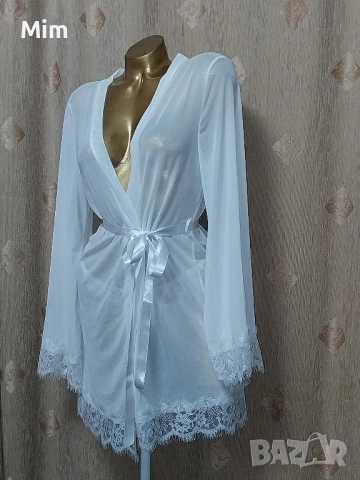 L Бял,халат от прозрачен еластичен тюл с дантела , снимка 5 - Нощници - 51548267