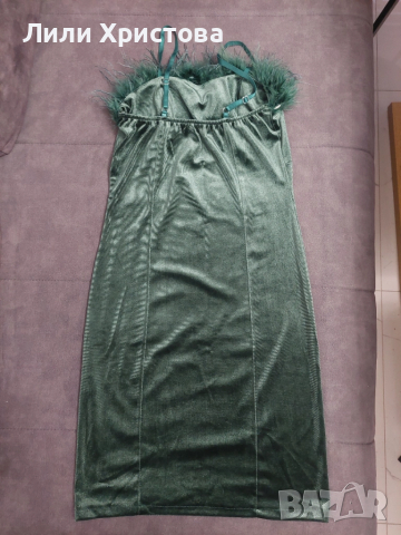 Зелена рокля с пера, снимка 2 - Рокли - 52001564