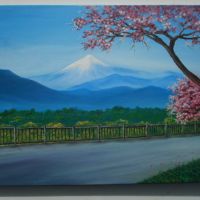 Планински пейзаж-вулкана фуdжи,Япония и цъфнали вишни., снимка 1 - Картини - 45080721