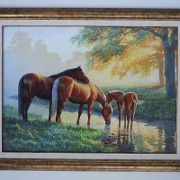 Семейство коне на водопой, пейзаж, картина, снимка 1 - Картини - 44943527