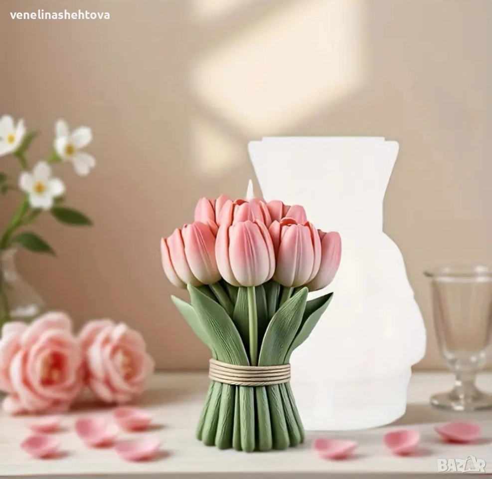 3D реалистичен букет лалета лале силиконов молд форма свещи гипс сапун смола , снимка 1