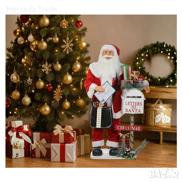 Коледна реалистична фигура на Дядо Коледа - пощальон със светлина и музика, 100см, снимка 1