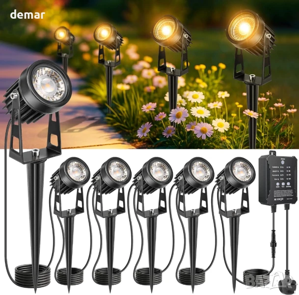 LightingWill Комплект 6 броя градински LED прожектори с таймер и фотоклетка, 3W 3000K, IP65, снимка 1