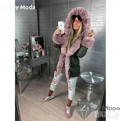 Зелено дамско зимно яке парка с пух в цвят кафе, снимка 1