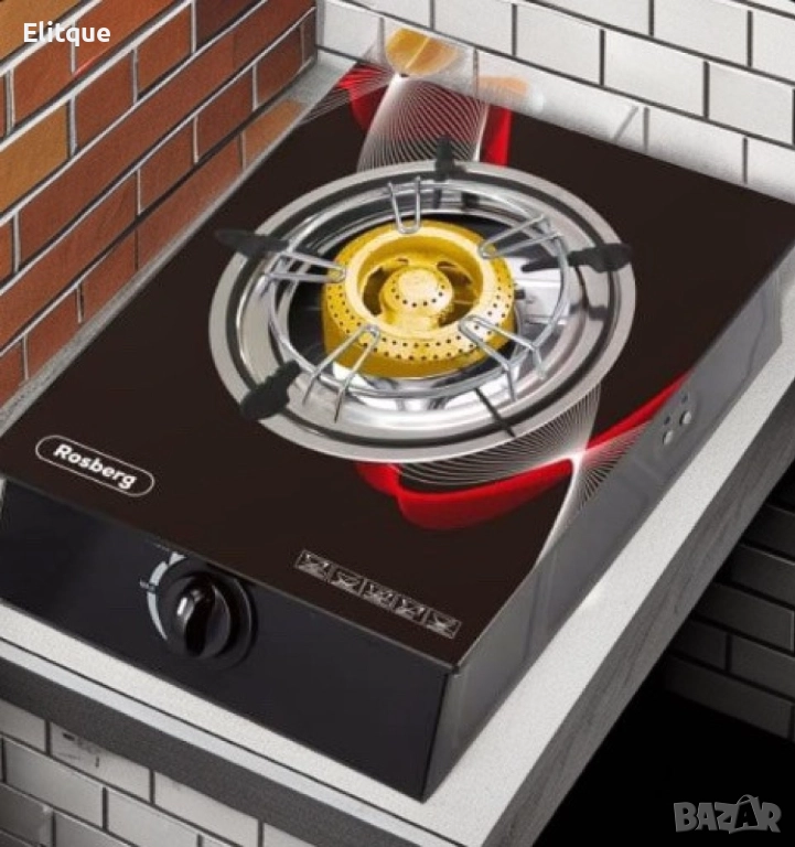 Котлон газов единичен Rosberg, 30 mbar, Черен от закалено стъкло, Чугунена горелка, с две поставки, , снимка 1