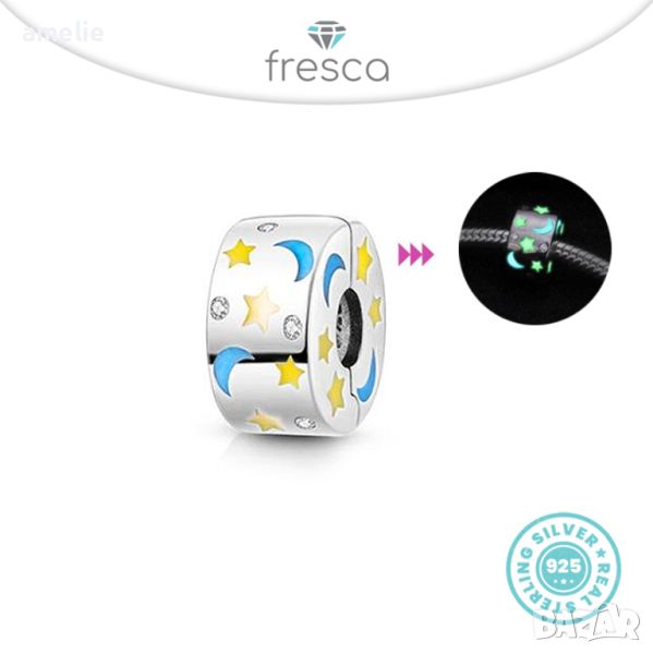 Талисман Fresca по модел тип Пандора 925 Pandora Clips Moon Sky Glow in the Dark. Колекция Amélie, снимка 1