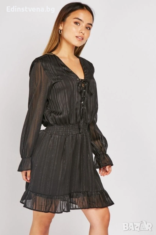 Разпродажба! Дамска елегантна рокля с дълъг ръкав и връзки на деколтето, снимка 1