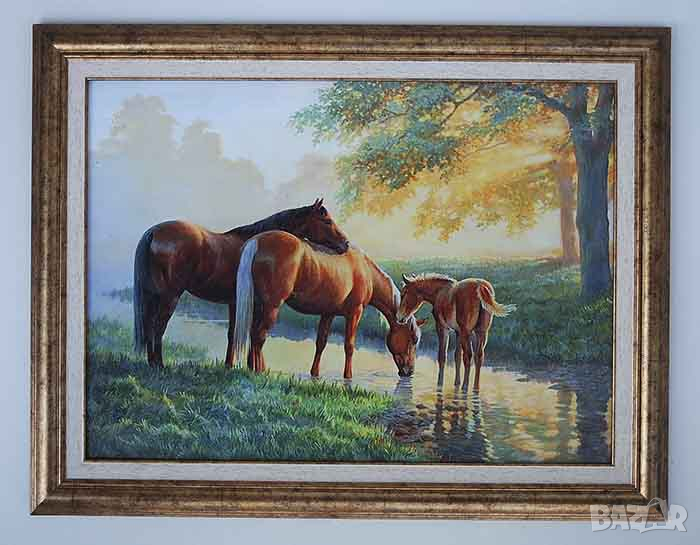 Семейство коне на водопой, пейзаж, картина, снимка 1