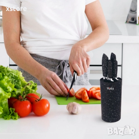 Комплект ножове Voltz с мраморно покритие и стойка – Стил, острота и удобство за перфектна кухня , снимка 3 - Прибори за хранене, готвене и сервиране - 52687586