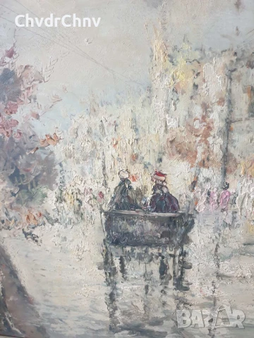 84х65см/голяма стара картина масло върху фазер/градски пейзаж-карета/дървена рамка, снимка 6 - Картини - 51177197