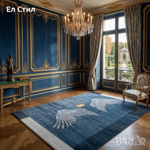 Модерен килим за хол 120х160см - Тъмносин с крила и корона и 3D ефект, Противоплъзгащ, снимка 4 - Килими - 53928330