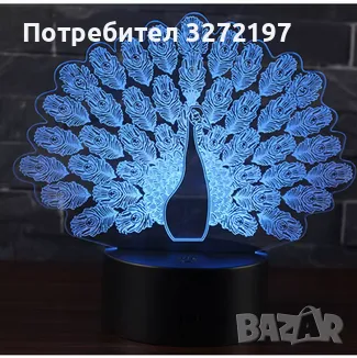 Холограмна 3D LED лампа - Паун,RGB Седемцветен Интелигентен Контрол,USB, снимка 6 - Настолни лампи - 49581929