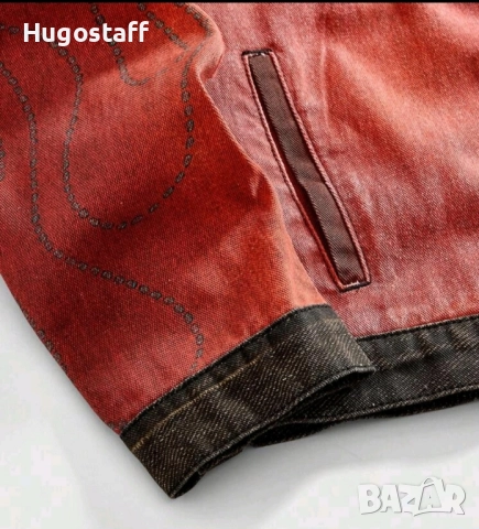 Ново мъжко дънково яке риза червено надписи деним памук ХЛ, снимка 8 - Якета - 52476329