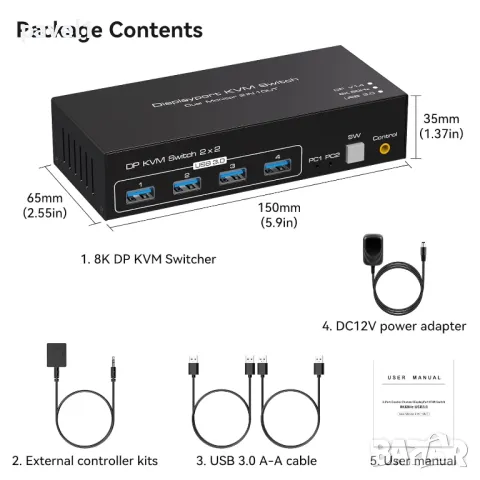 НОВ VPFET DisplayPort KVM превключвател за 2 монитора 4K120Hz 8K60Hz DP 1.4 суич за 2 компютъра, снимка 3 - Суичове - 49539582