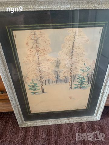 Продавам стара картина "Зимна приказка" с рамка ,паспарту и стъкло - акварел , снимка 4 - Антикварни и старинни предмети - 45931291
