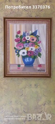 Авторска картина за стена-Ваза с цветя-маслени бои, снимка 7 - Картини - 53794624