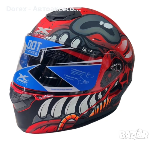 Каска с визьор X-ONE за мотор, скутер, ATV - черна с червено - L