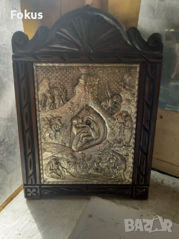 Голяма сребърна икона с дървена рамка дърворезба сертификат, снимка 3 - Антикварни и старинни предмети - 53417802