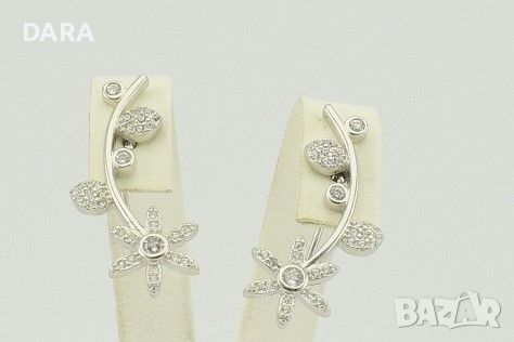 Сребърни обеци 925 по дължина на ухото "Цветя" с циркони ( + подарък ), снимка 1 - Обеци - 46273493