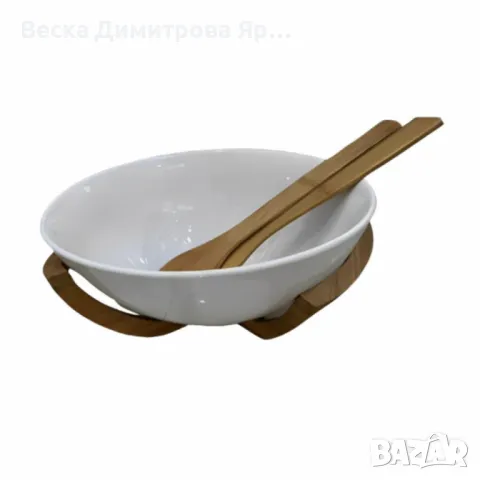 Луксозен комплект за салата с керамична купа и дървени аксесоари, снимка 5 - Други стоки за дома - 49850938