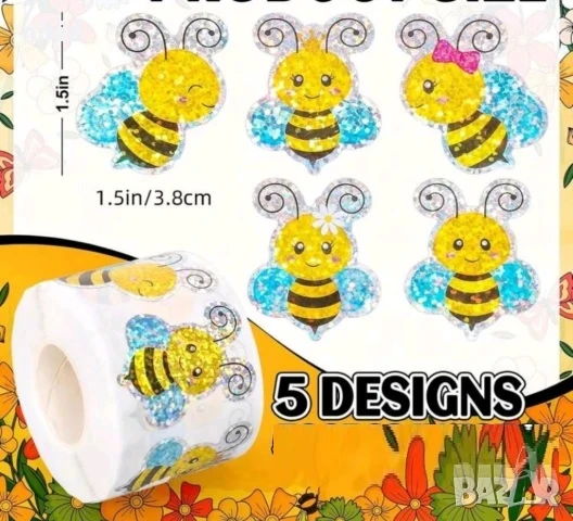 100 бр Холограмни пчели пчела големи самозалепващи лепенки стикери за ръчна изработка за подарък, снимка 4 - Други - 51288303