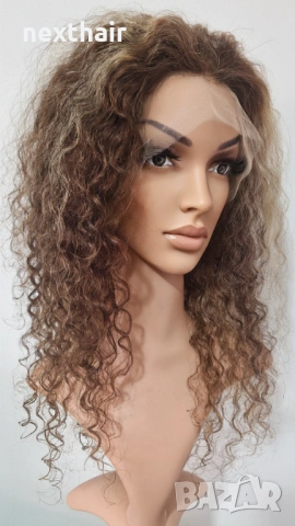 Естествена афро къдрава перука от 100% човешка коса - кафява с руси кичури, 13x4 дантела, снимка 3 - Аксесоари за коса - 53294300