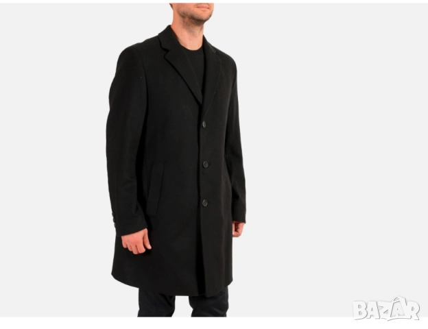 Мъжко черно вълнено кашмирено палто Hugo Boss "Stratus3" с нормална кройка размер М-Л , снимка 2 - Палта - 52133504