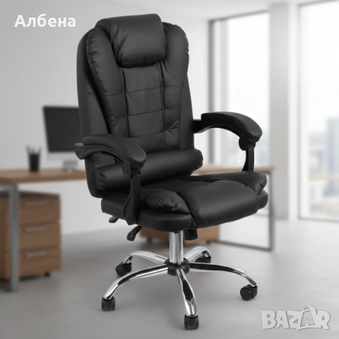 Ергономичен офис стол с лумбална опора от еко кожа в черен цвят – комфорт за дълги часове без болки , снимка 2 - Столове - 53867818