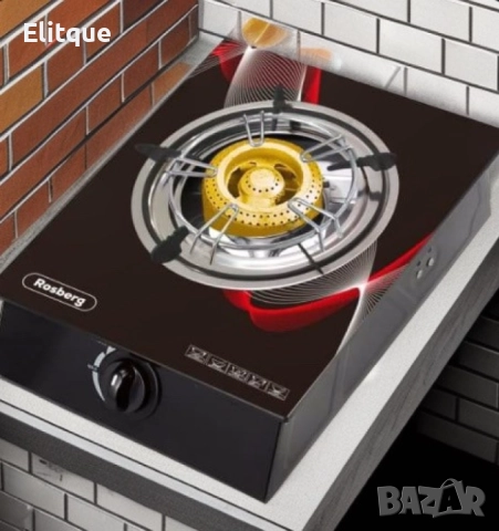 Котлон газов единичен Rosberg, 30 mbar, Черен от закалено стъкло, Чугунена горелка, с две поставки, 