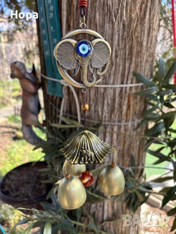 Метален вятърен звънец със слонче и окото на Назар, снимка 2 - Декорация за дома - 53663807
