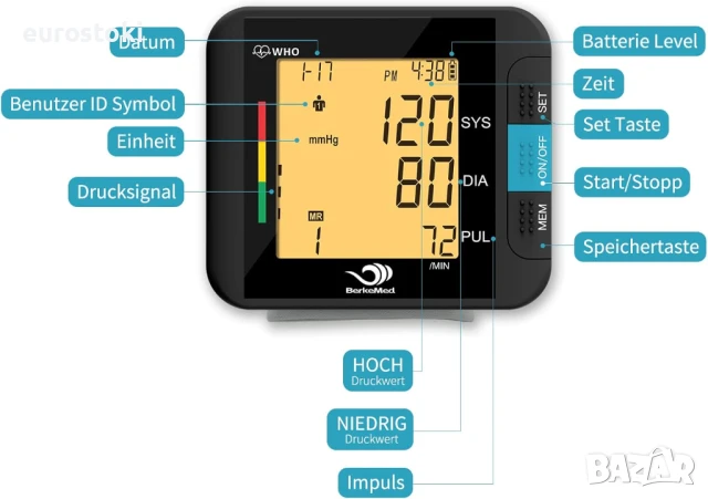 BerkeMed 313 Апарат за измерване на кръвно налягане за китка, напълно автоматичен, 2 x 99 памети, снимка 5 - Други - 51109446