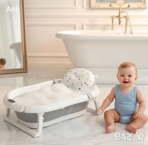 Сгъваема бебешка вана с термометър и възглавница