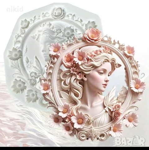 Нежно момиче жена в рамка овал с цветя силиконов молд форма фондан шоколад гипс декор