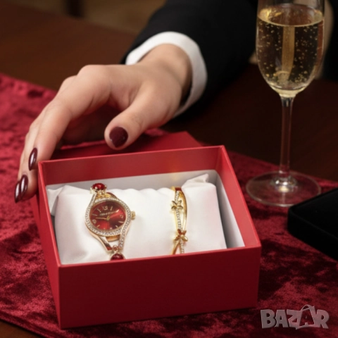 Луксозен дамски сет: часовник с кристали + гривна – в подаръчна опаковка, снимка 2 - Бижутерийни комплекти - 51947506