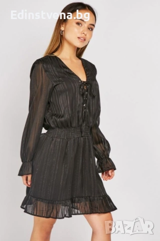 Разпродажба! Дамска елегантна рокля с дълъг ръкав и връзки на деколтето