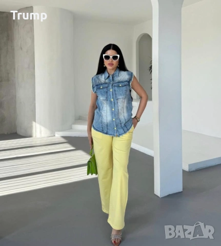 Ефектен комплект от елек деним и панталон жълт цвят, снимка 2 - Комплекти - 53931102