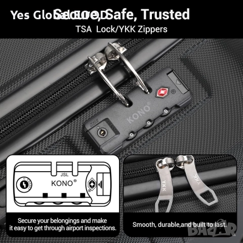 KONO твърд куфар на колелца 36 л с TSA ключалка черен, снимка 9 - Куфари - 52332907
