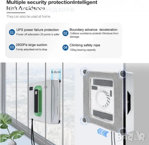 Робот за почистване на прозорци Voltz, 72W, всумак. мощност-2500Ра, Wi-Fi, 2 дюзи, контейнер 40мл, снимка 4 - Други - 50100137