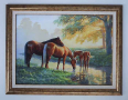 Семейство коне на водопой, пейзаж, картина