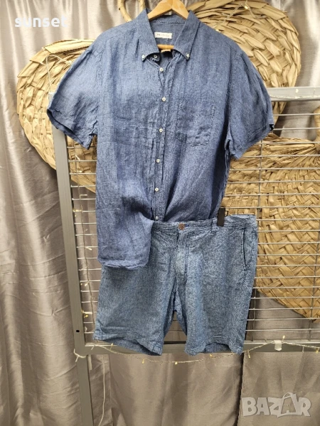 СЕТ ленени къси панталонки сини+ ЛЕНЕНА риза синя- XXL, снимка 1
