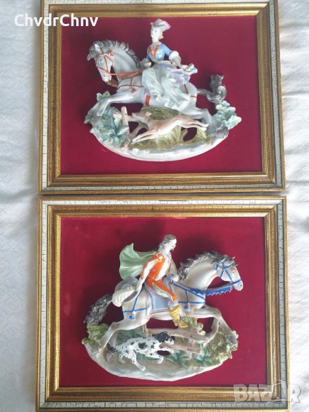 Чифт рамкирани порцеланови фигури (мъж и жена на коне), снимка 1