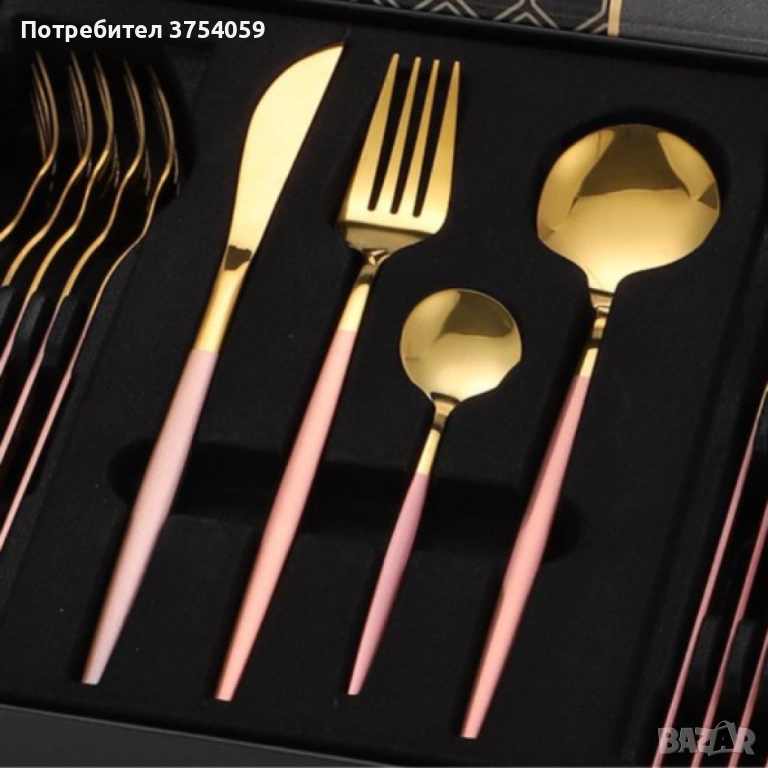 Комплект прибори за хранене от 24 части с луксозен дизайн и магнитна кутия в златисто и розово, снимка 1