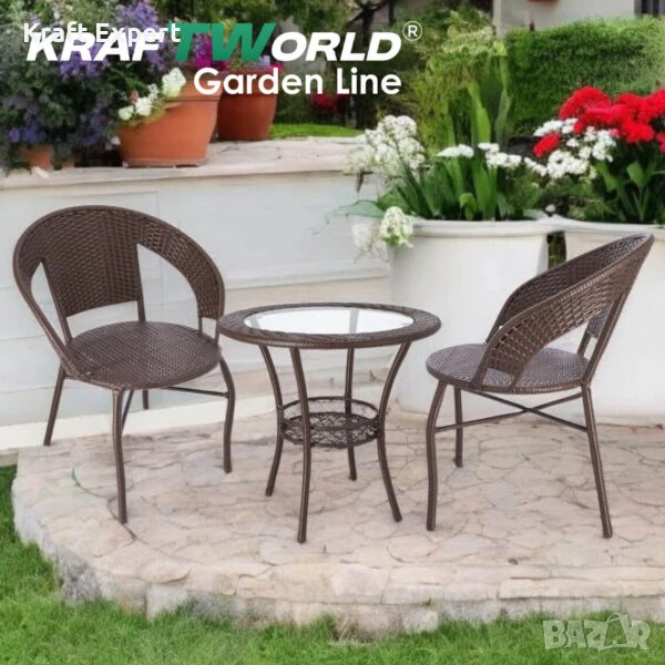 Ратанов Комплект с Маса и Два Стола в Тъмно Кафяво – Стил и Комфорт за Вашата Градина!, снимка 1