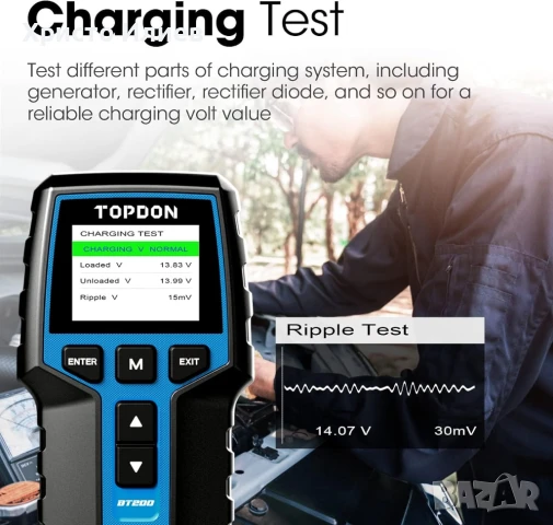 Професионален Тестер за автомобилни акумулатори 12V 24V тестер натоварване TOPDON BT200 Диагностика, снимка 5 - Аксесоари и консумативи - 51377620