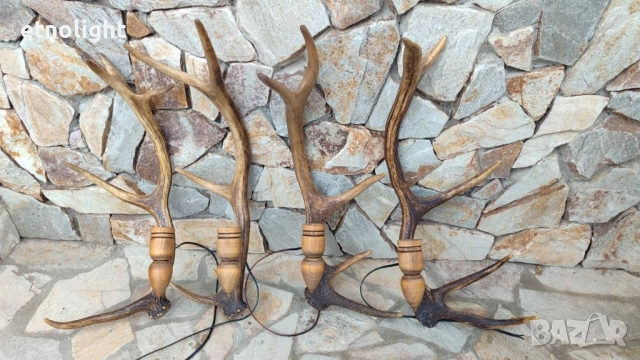 Стенна лампа -аплик с рога и ръчно изработена дървена чашка , снимка 6 - Лампи за стена - 47195189