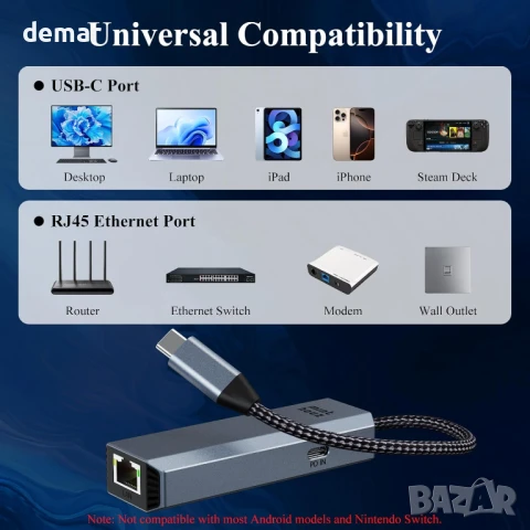 Minthouz USB C към Ethernet адаптер, 5G кабелен мрежов адаптер, снимка 8 - Друга електроника - 50837150